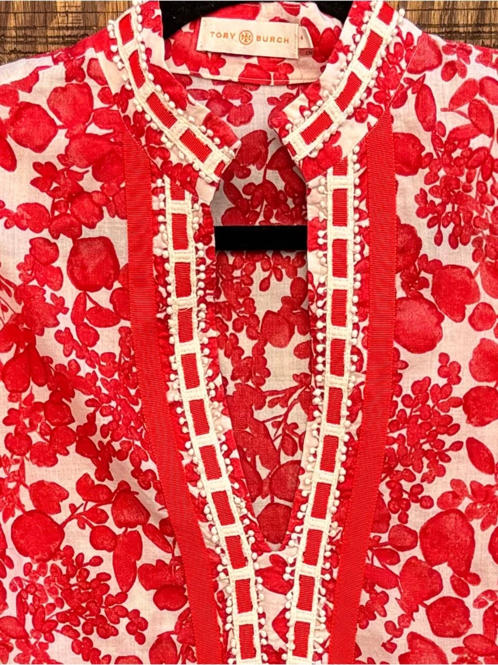 Tory Burch Red And White Floral Tunic Top With Crochet Ribbon Detail